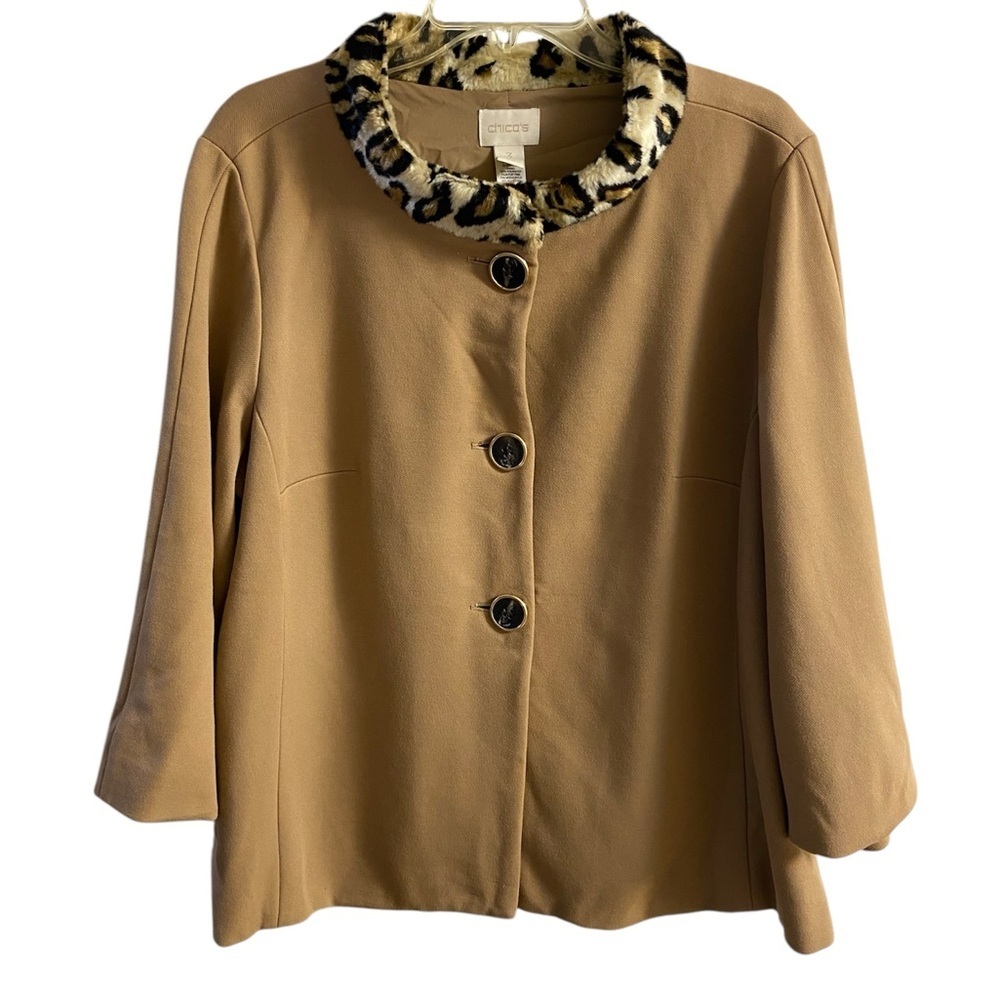 Chico's Tan Jacket with Leopard Print Collar XL
